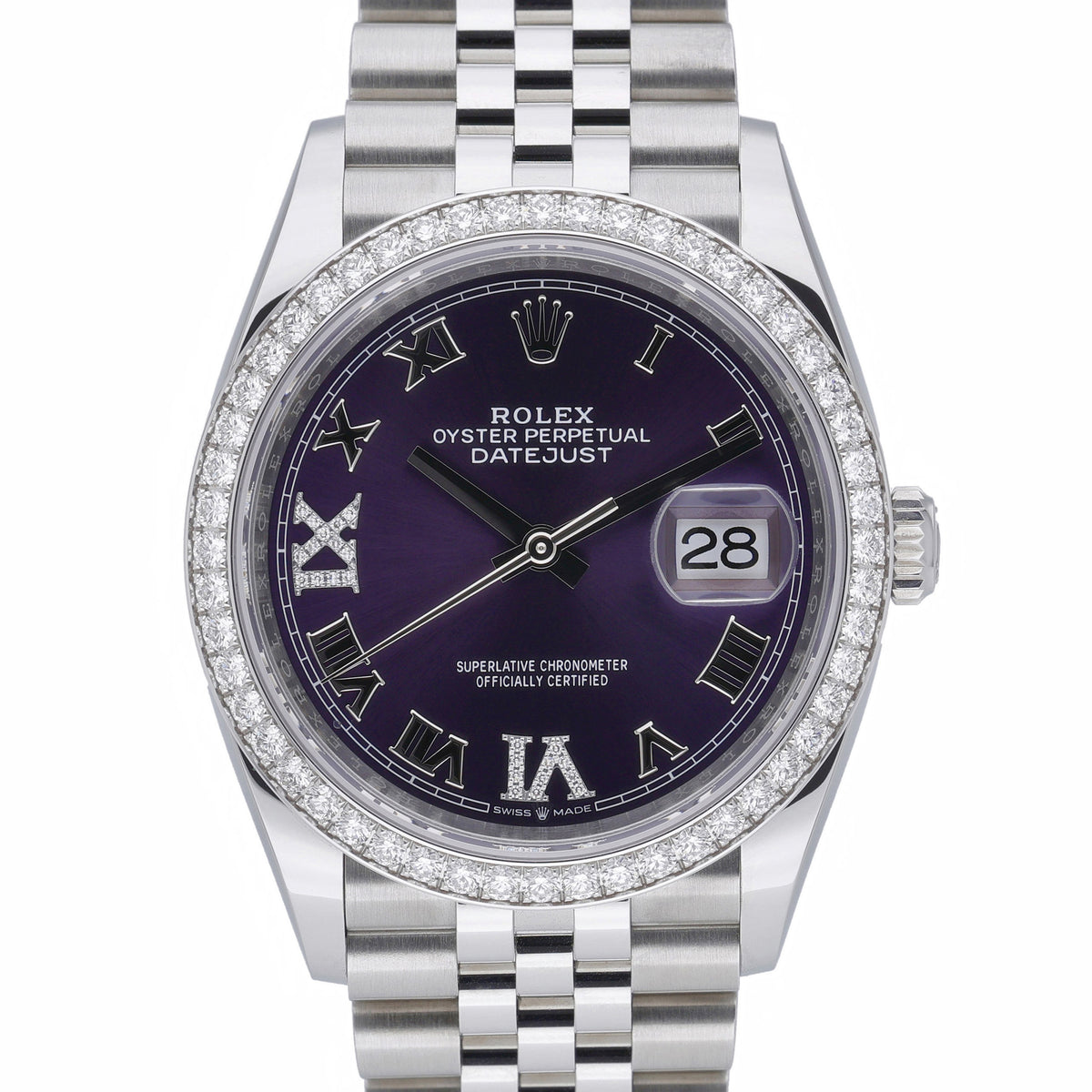 Rolex Datejust 126284RBR with aubergine set with diamonds dial and steel & white gold case