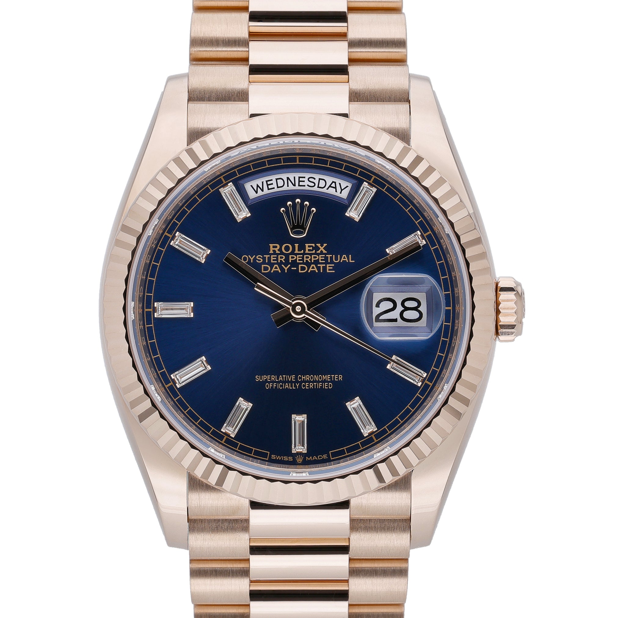 Rolex Day-Date 36 128235 with blue dial and 18ct rose gold case