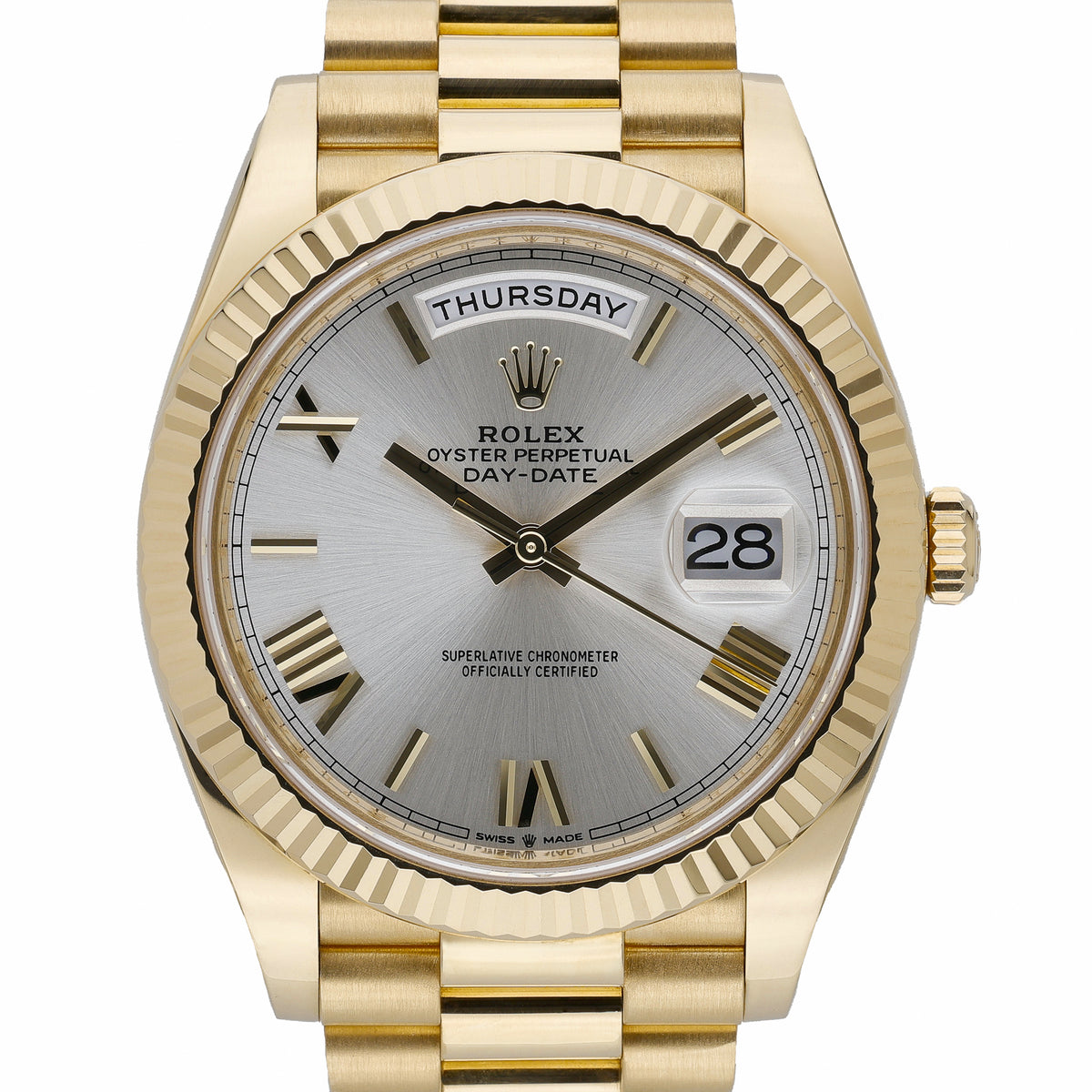 Rolex Day-Date 40 228238 with silver dial and 18ct yellow gold case