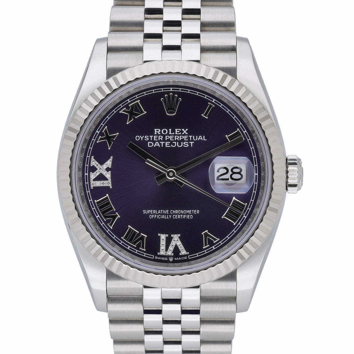 Rolex Datejust 126234 with aubergine set with diamonds dial and steel & white gold case