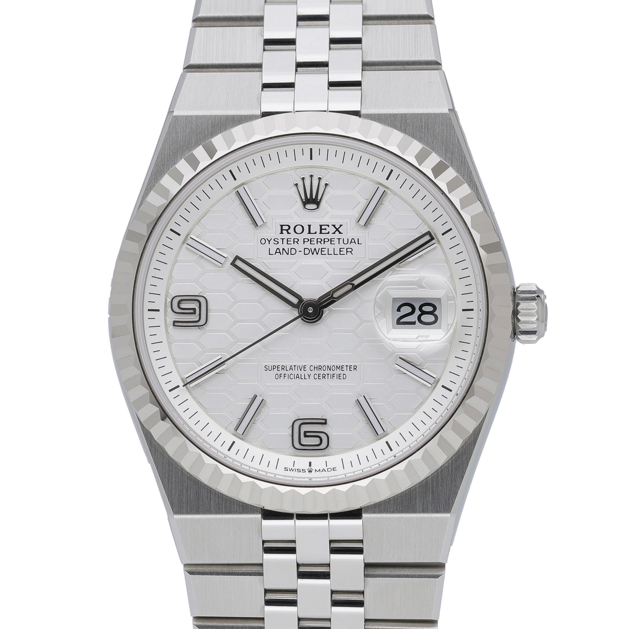 Rolex Land-Dweller 36 127234 with intense white, honeycomb motif dial and steel & white gold case
