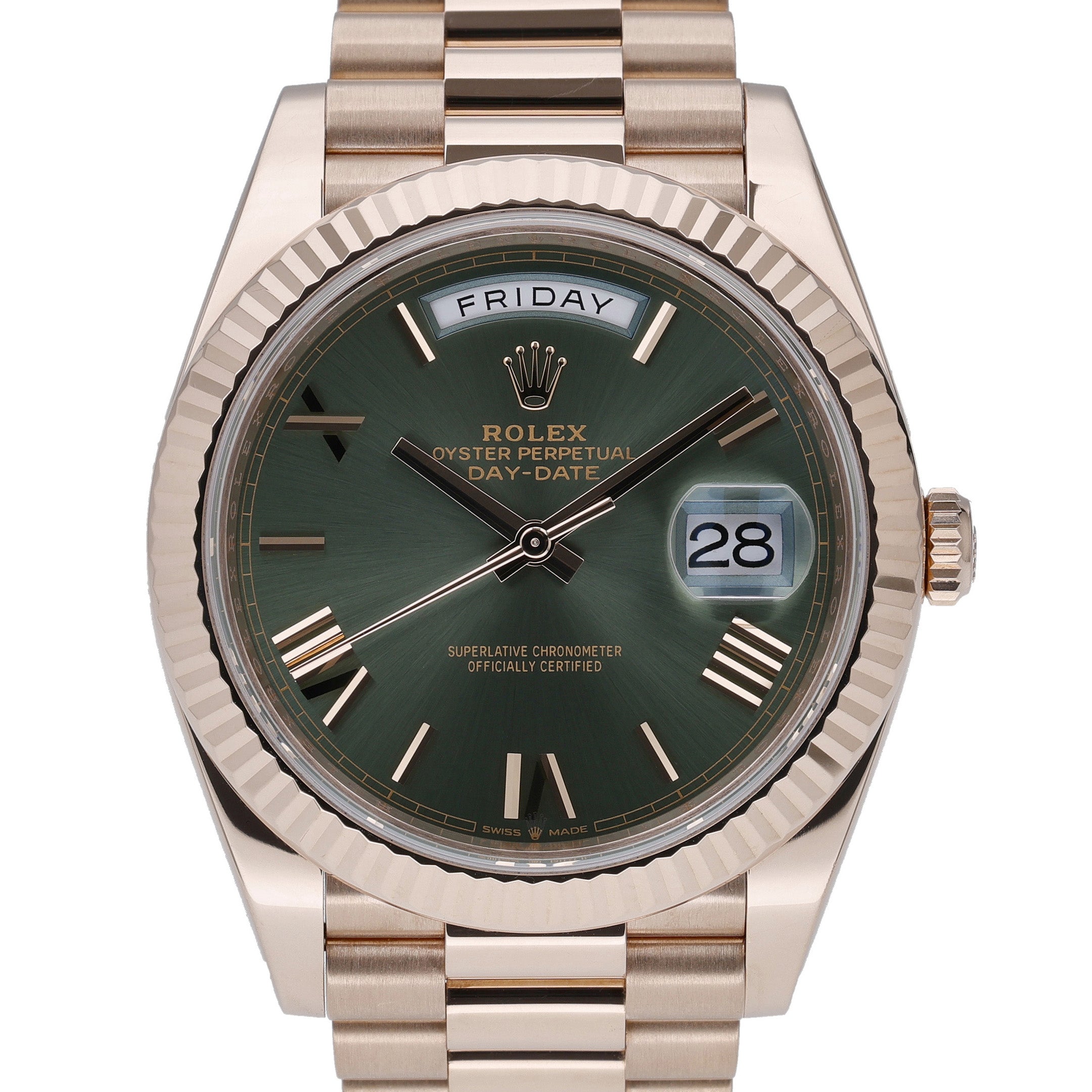 Rolex Day-Date 40 228235 with olive dial and 18ct rose gold case