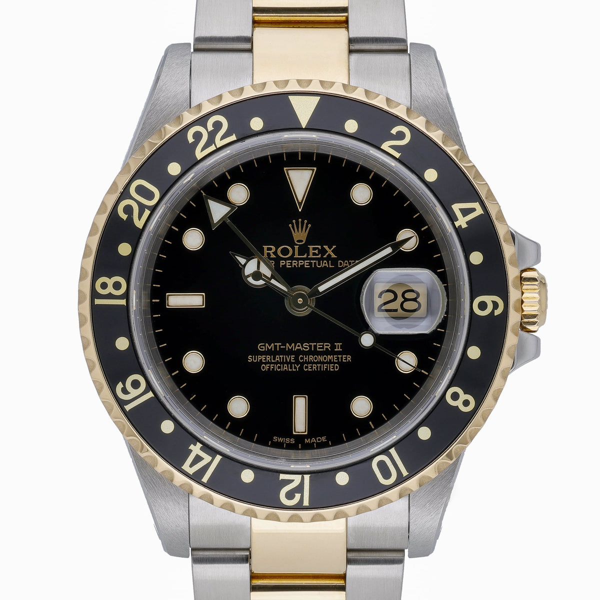 Rolex GMT-Master II 16713 with black dial and steel & yellow gold case