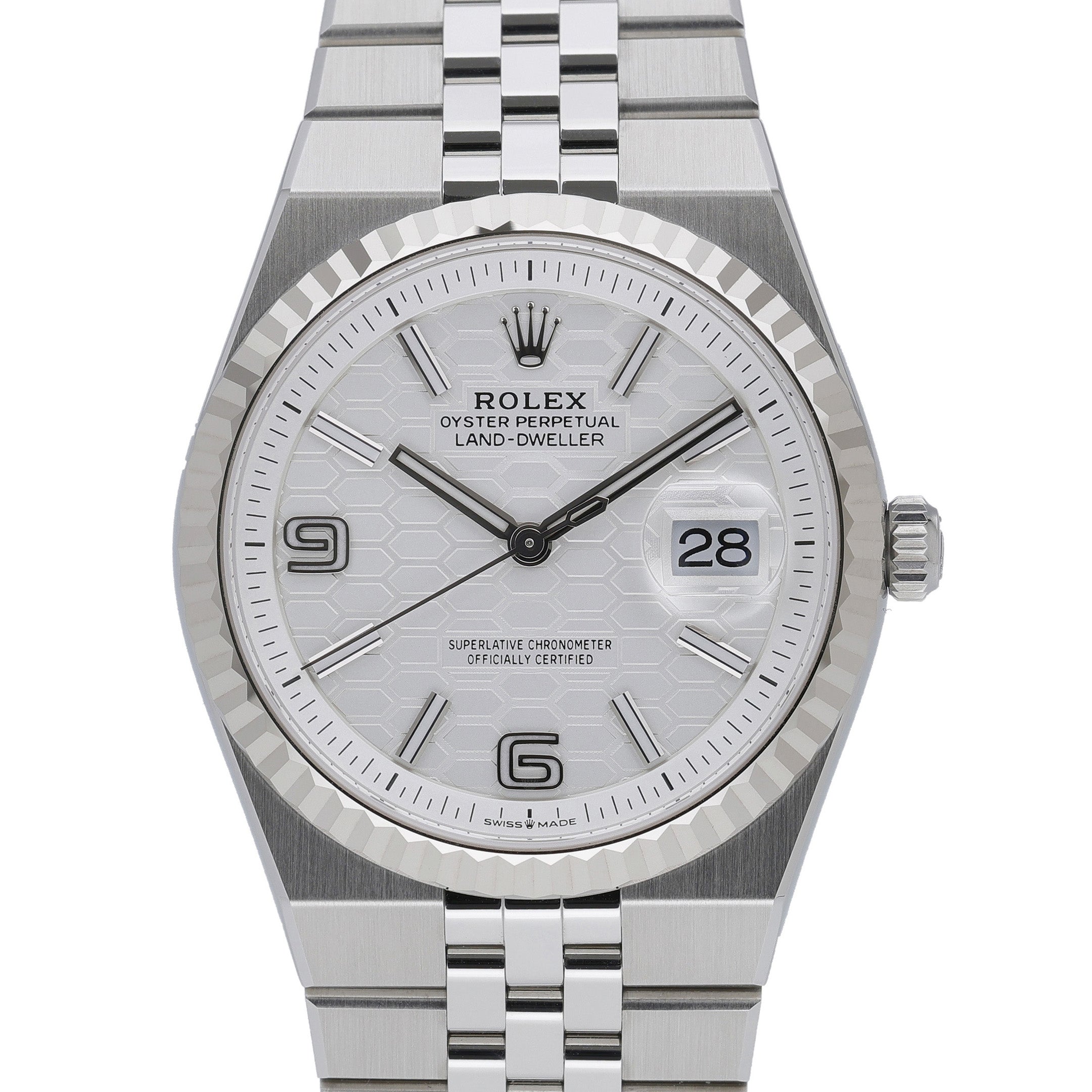 Rolex Land-Dweller 36 127234 with intense white, honeycomb motif dial and steel & white gold case