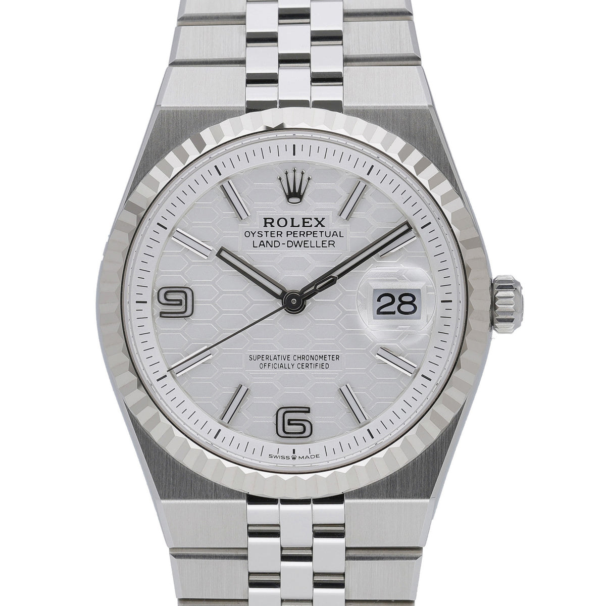 Rolex Land-Dweller 36 127234 with intense white, honeycomb motif dial and steel & white gold case