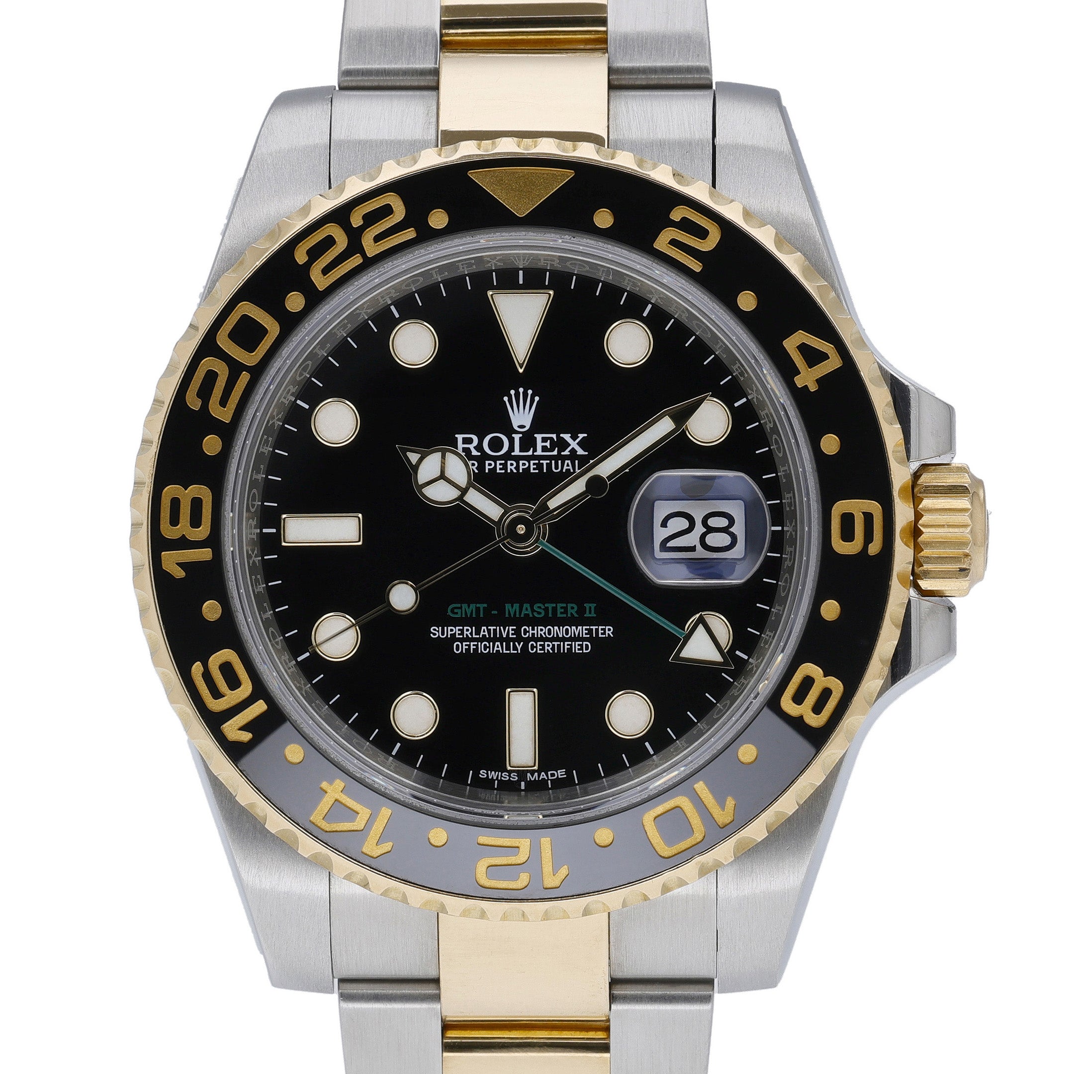 Rolex GMT-Master 116713LN with black dial and steel & yellow gold case