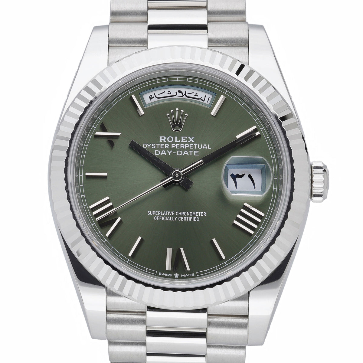 Rolex Day-Date 40 228236 with olive dial and platinum case