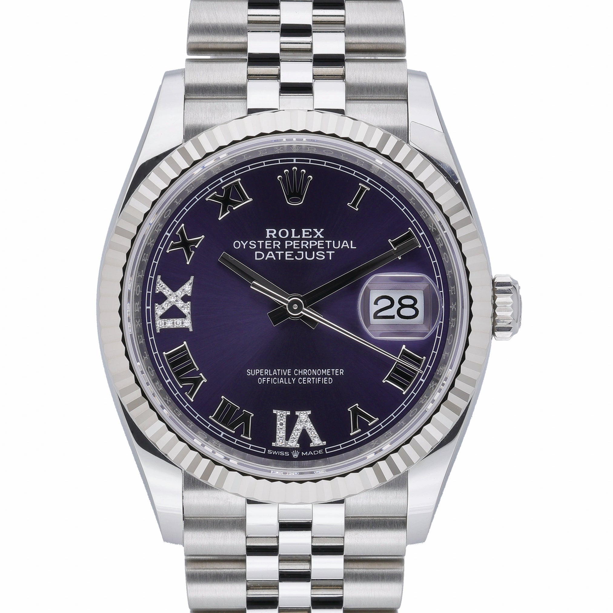 Rolex Datejust 36 126234 with aubergine set with diamonds dial and steel & white gold case