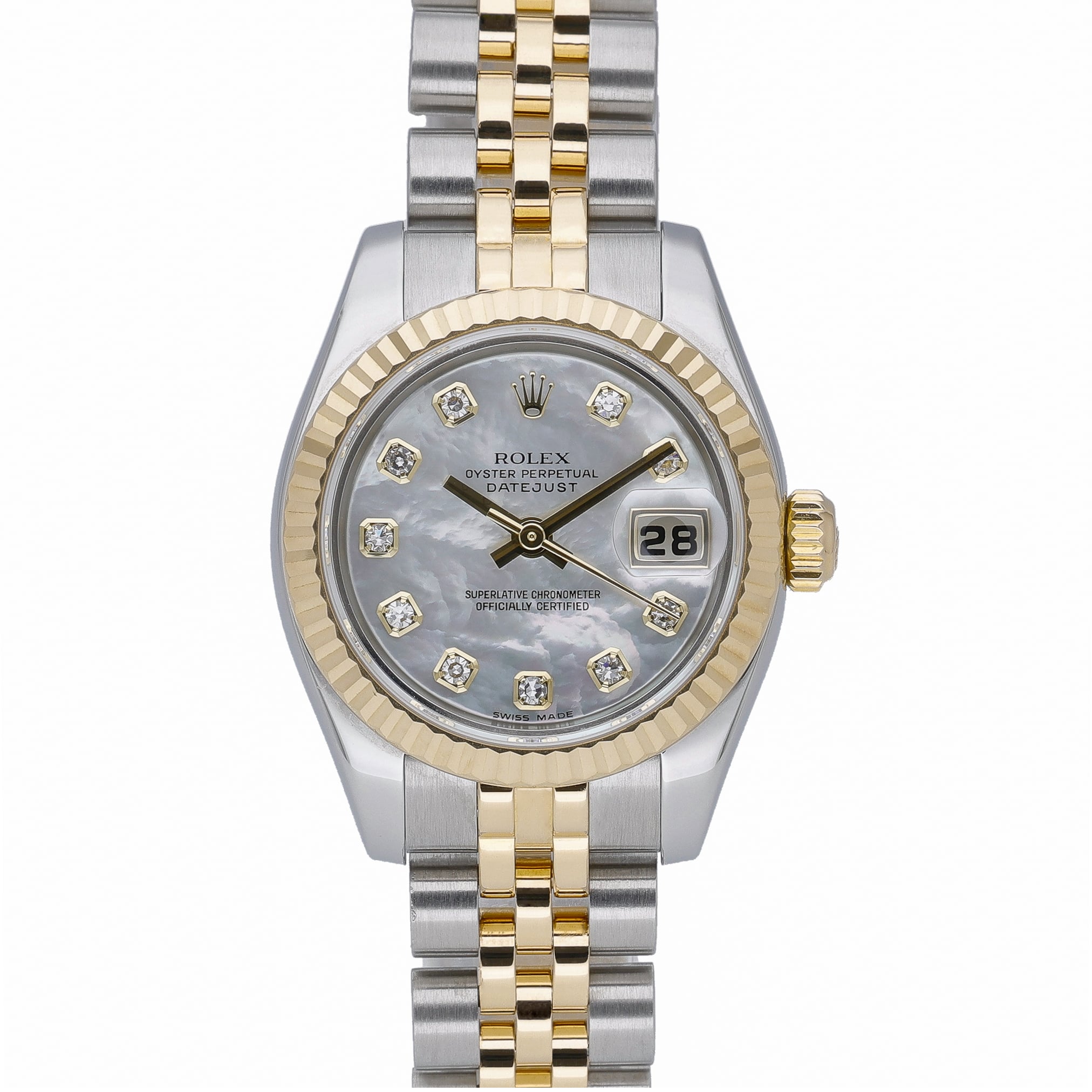 Rolex Datejust 26 179173 with white mop dial and steel & yellow gold case