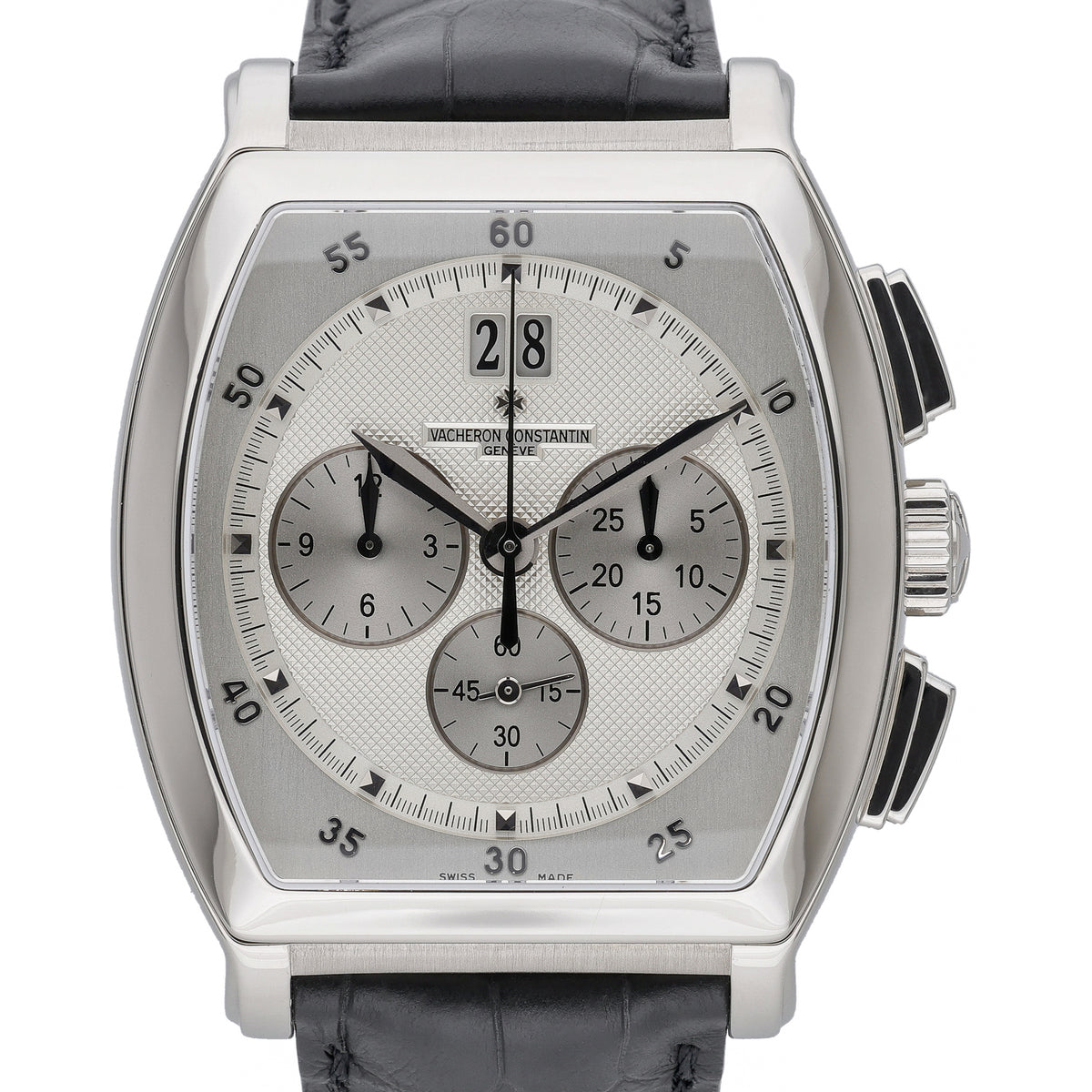 Vacheron Constantin Tonneau Chronograph 49180/000G with silver dial and 18ct white gold case