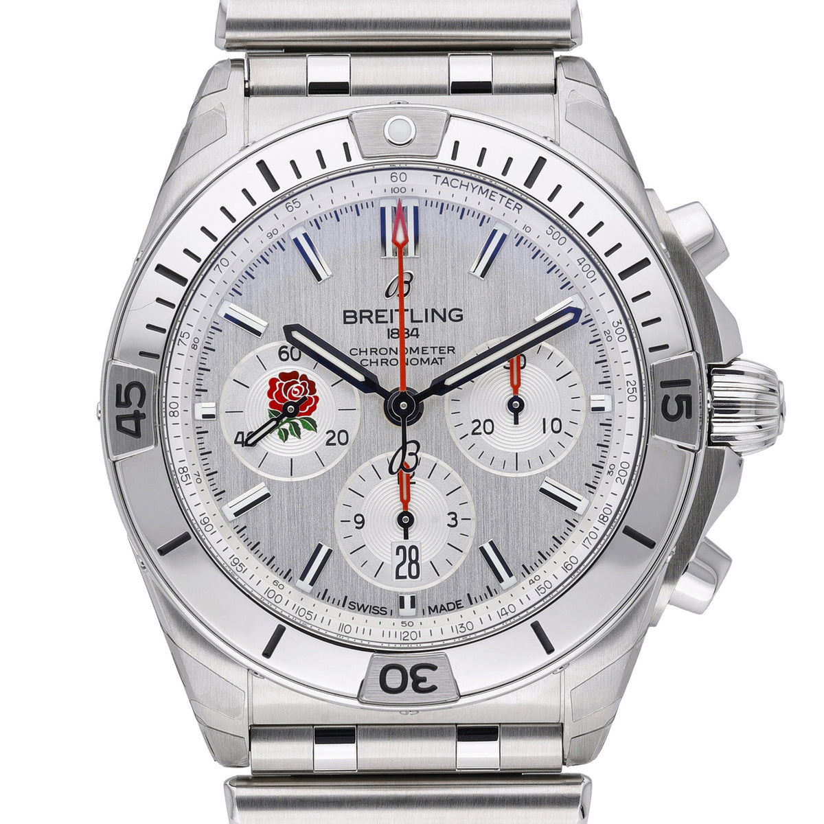 Breitling Six Nations England Limited Edition AB0134 with silver dial and steel case